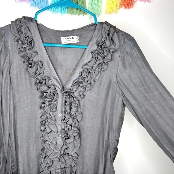FRAME Tuxedo Smoke Grey Gray Silk Chiffon Ruffle Button Down Blouse Extra Small - Picture 4 of 16